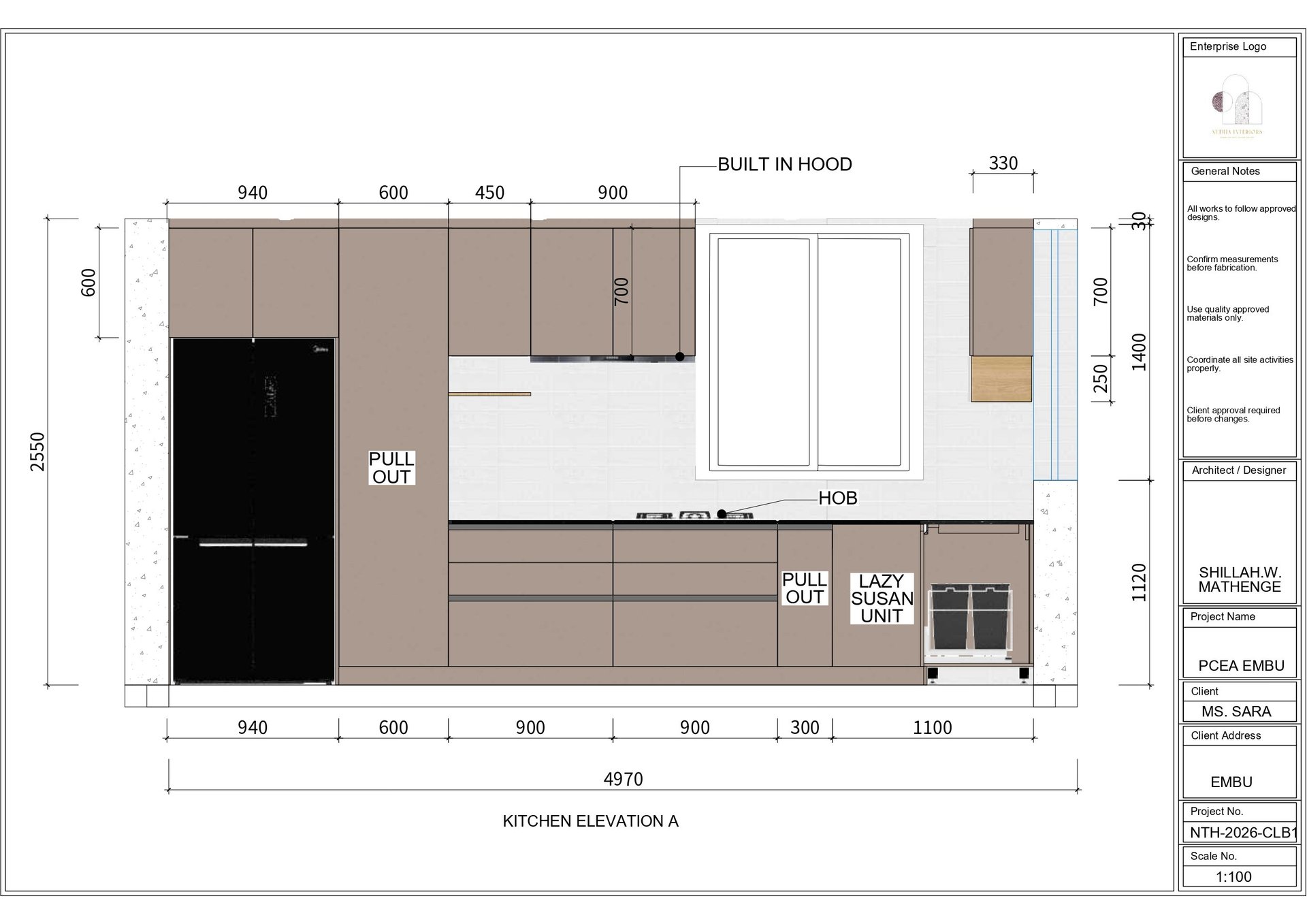 Architectural kitchen elevation drawing showing appliance placement, cabinetry layout, and dimensions with built-in hood detail
