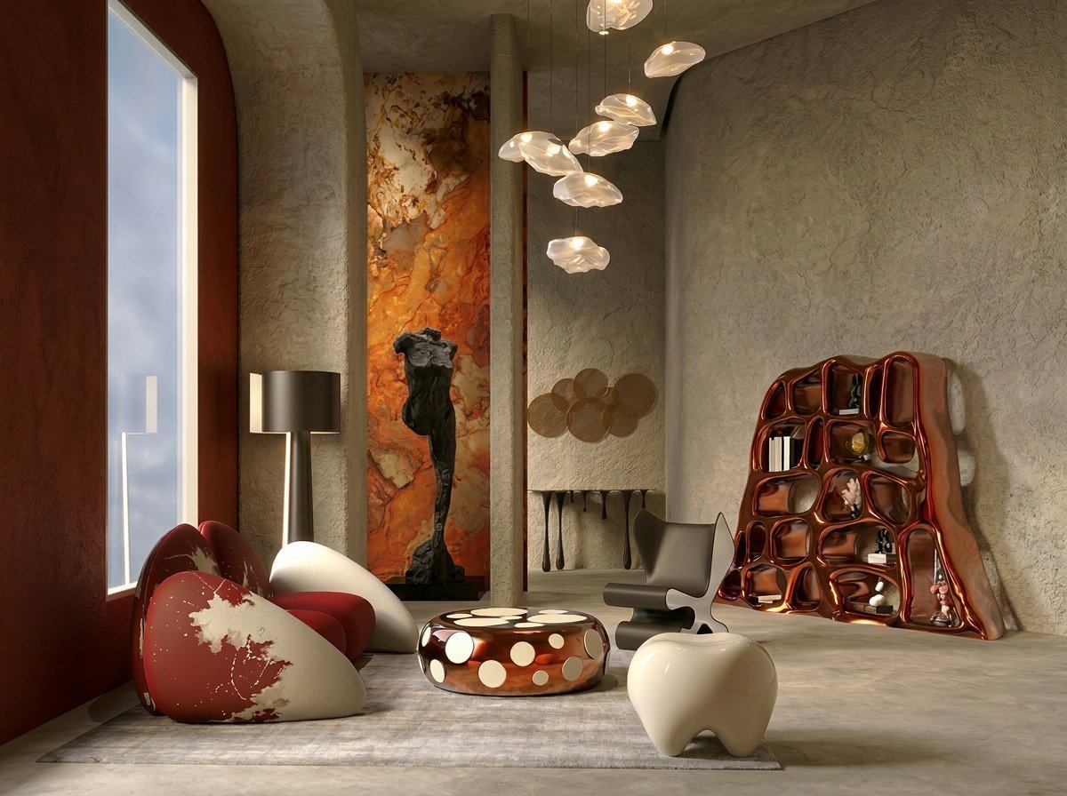 Modern interior design display featuring sculptural objects, including ceramic vessels, an abstract red backpack, floating light fixtures, and decorative items arranged on a concrete floor