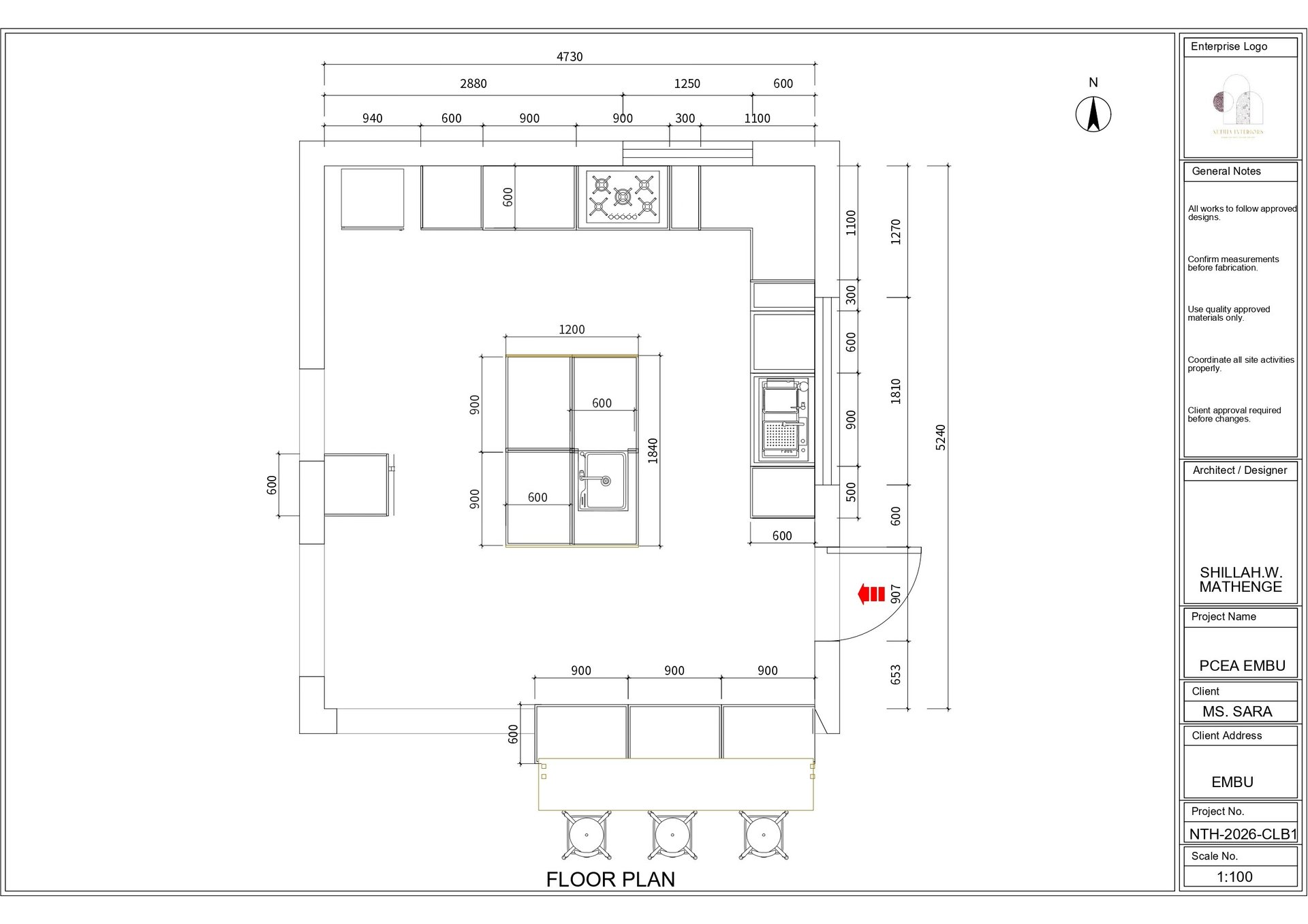 Architectural floor plan showing room layouts, dimensions, and furniture placement with title block and measurement annotations.