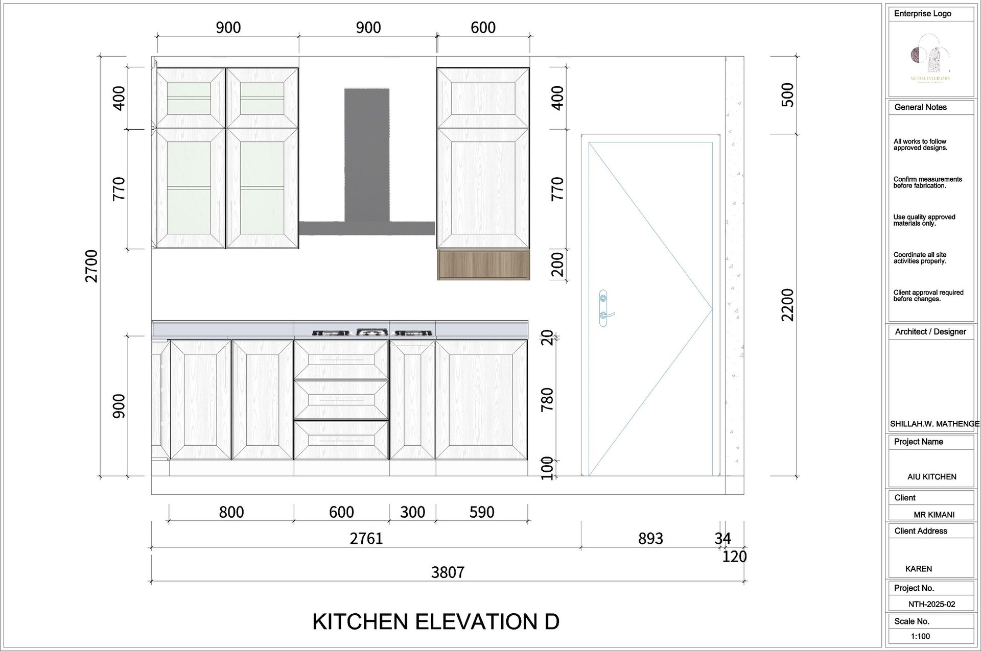 Architectural kitchen elevation drawing showing cabinet layout, dimensions, and appliance placement with measurements in millimeters.