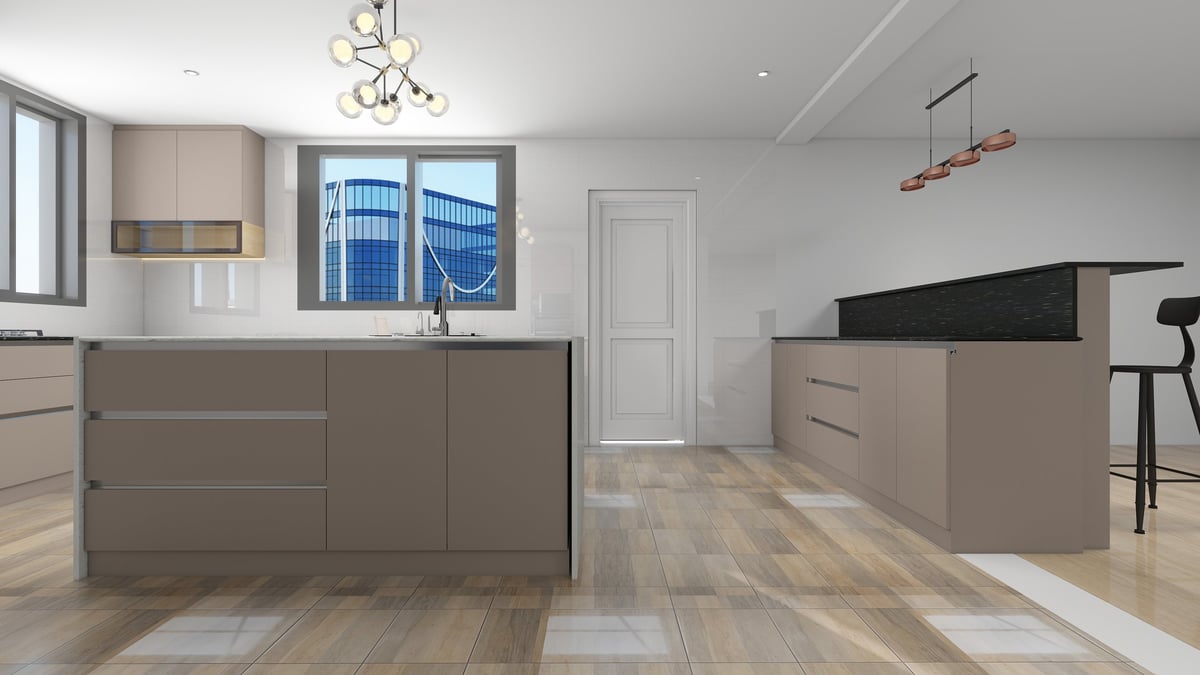 Modern kitchen interior with beige cabinetry, wood flooring, blue window, and minimalist decor