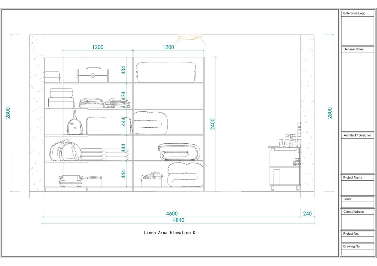 Floor plan showing residential living area layout with furniture placement, dimensions in millimeters, and elevation details on the right side