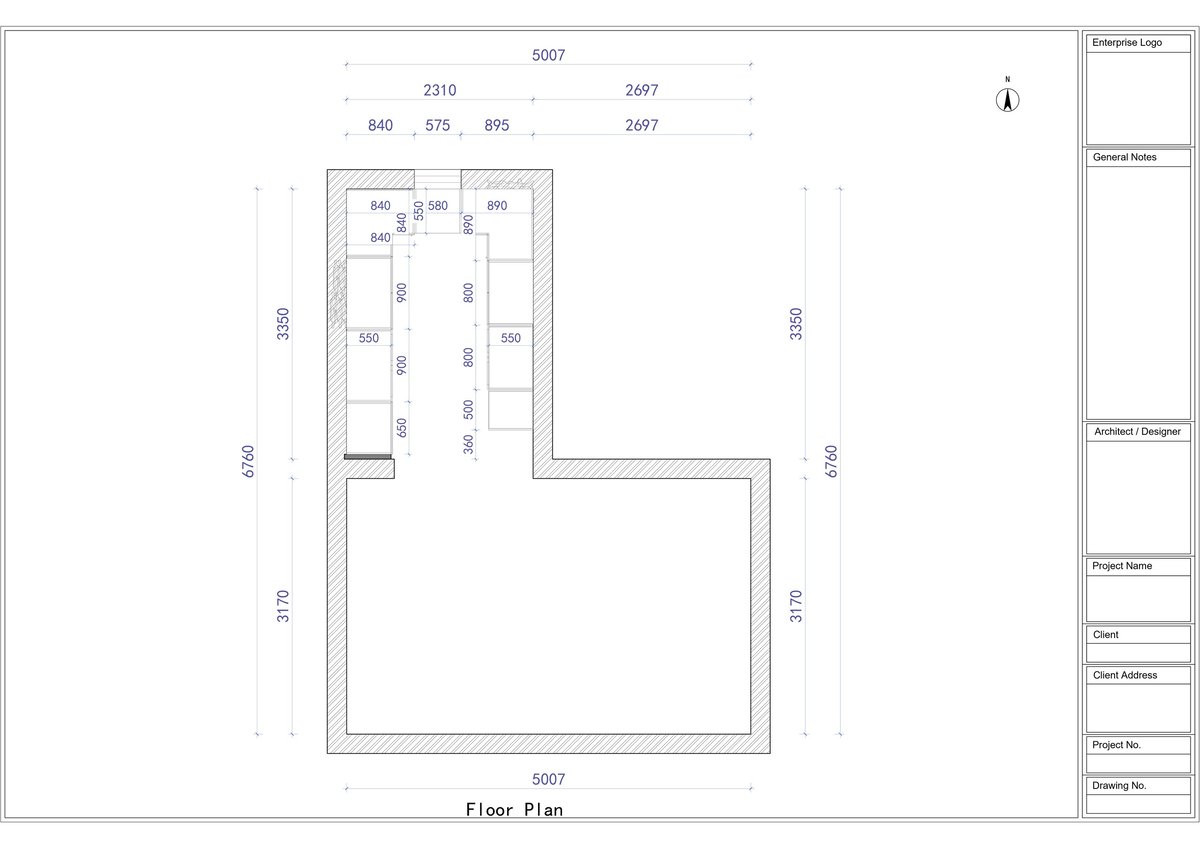 Architectural floor plan showing room layout with dimensions, walls, doors, and windows in a technical drawing format