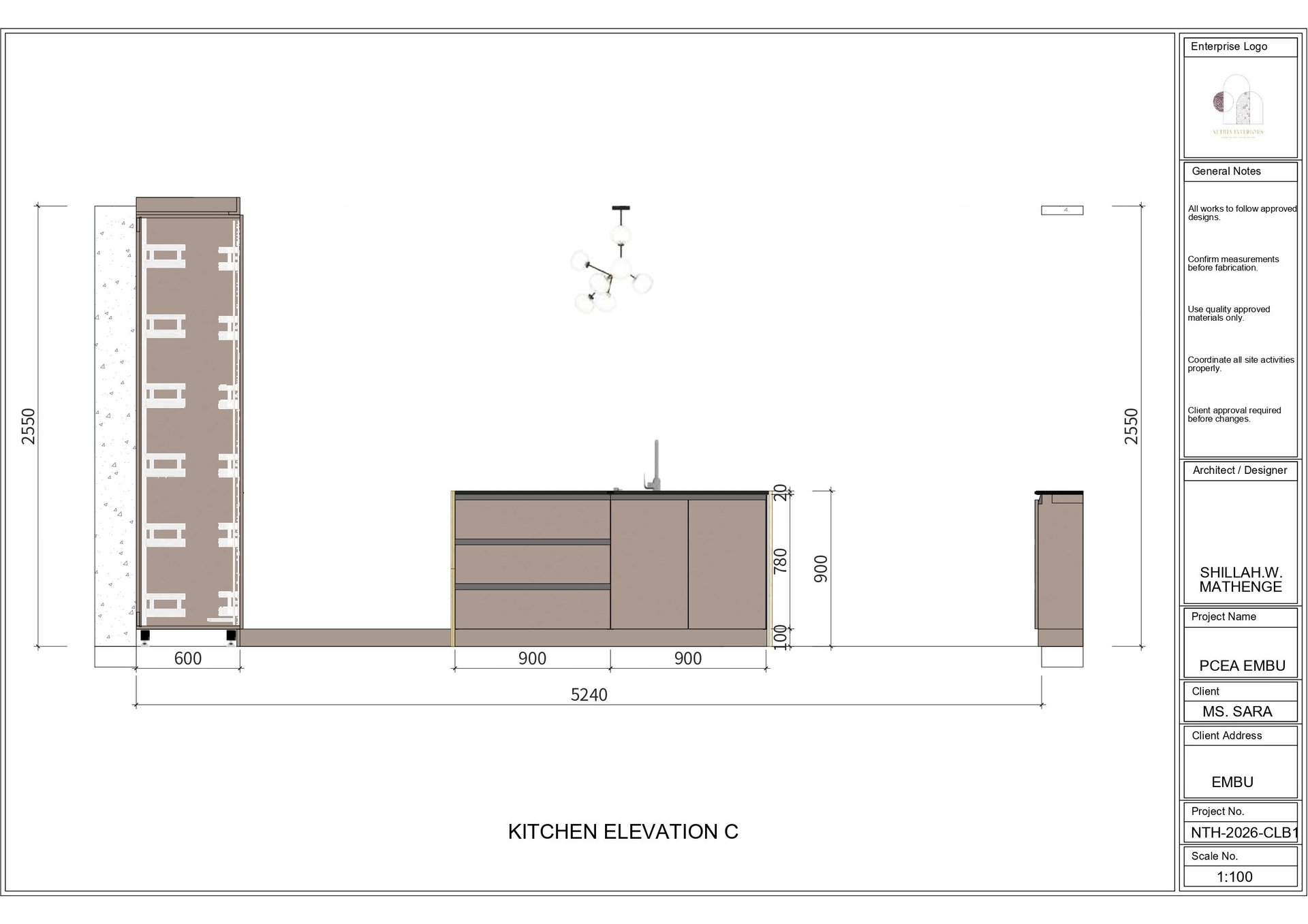 Kitchen elevation drawing showing cabinet layout with dimensions, including tall storage unit on left and horizontal counter configuration.