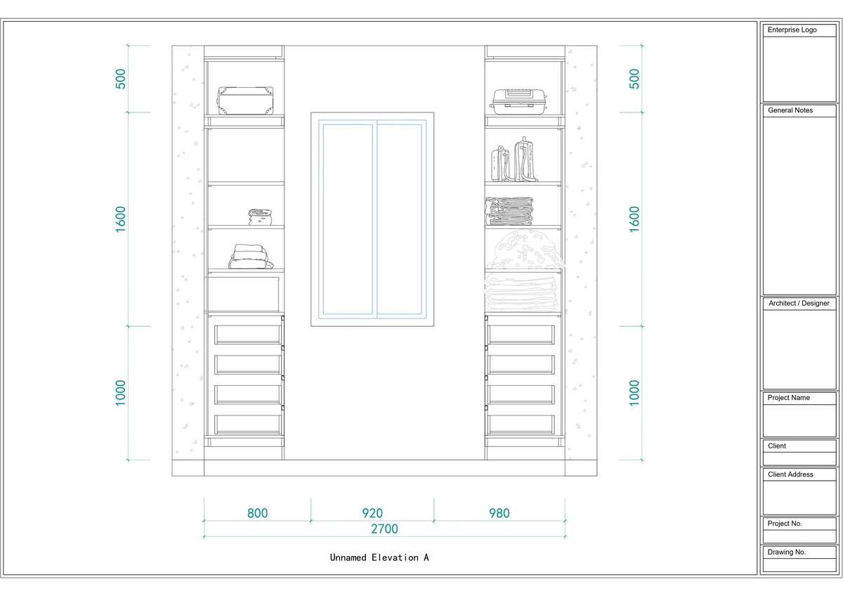Architectural floor plan showing a bedroom layout with built-in closets on either side of a central door, featuring dimensions and elevation details