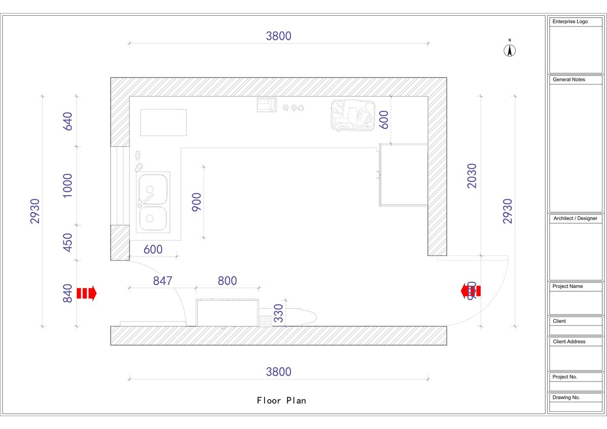 Architectural floor plan showing a rectangular space with interior room layouts, dimensions, and measurements marked throughout