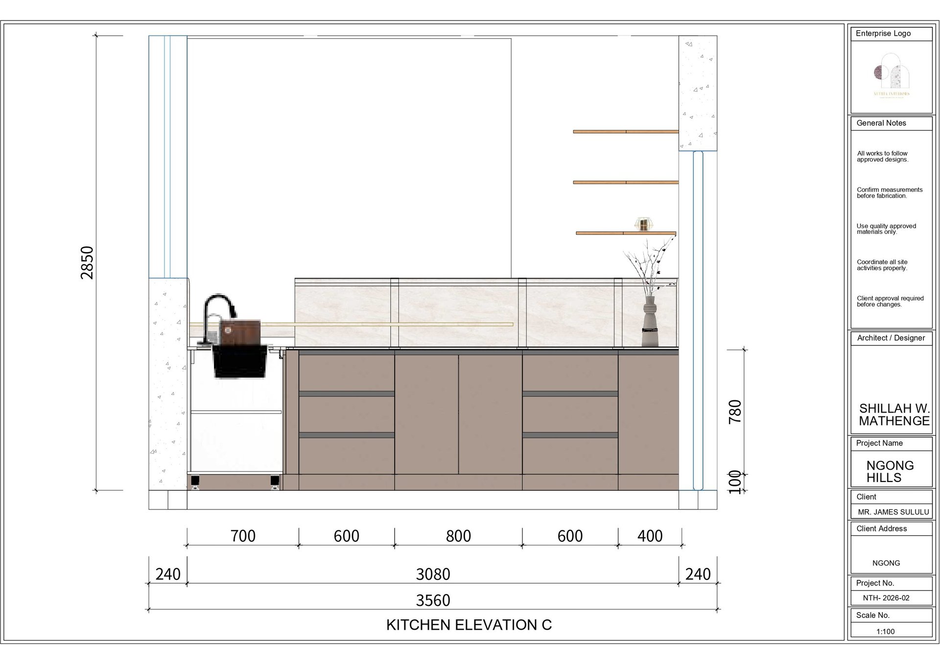 Kitchen elevation technical drawing showing cabinet layout, dimensions, and wall-mounted elements for a modern kitchen design
