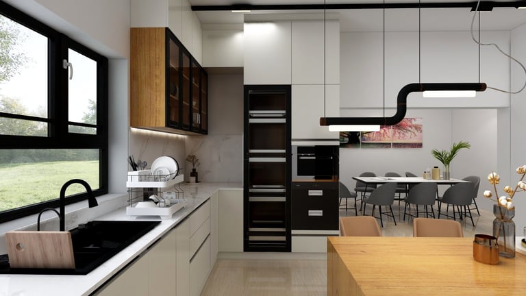 Modern kitchen with white cabinetry, black sink, wooden dining table, and open floor plan to dining area with pendant lights