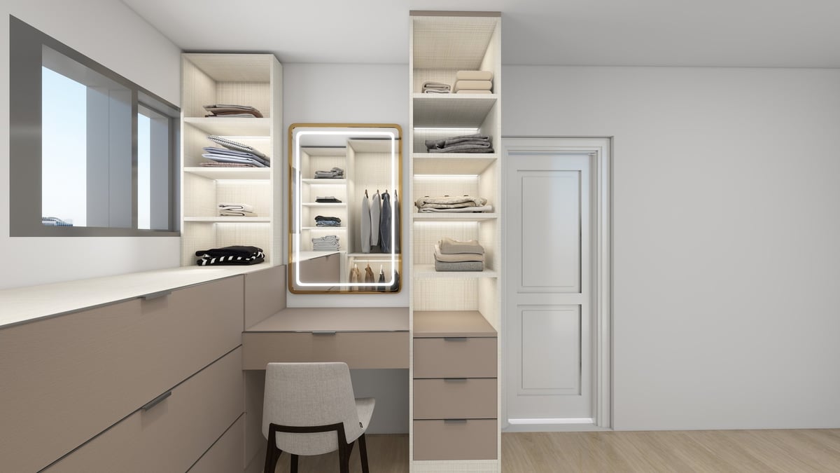 Modern walk-in closet with built-in storage, mirror, illuminated shelving, and a small seating area with a chair