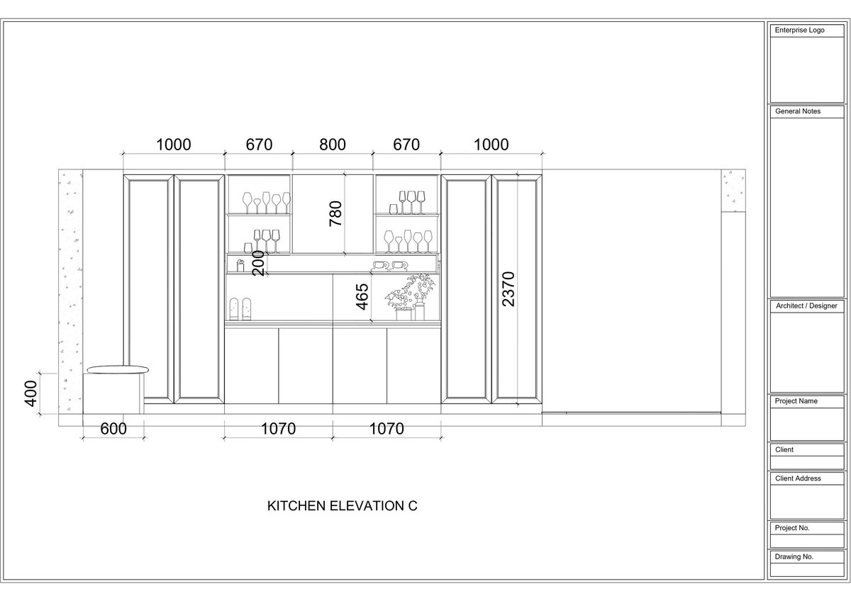 Architectural floor plan drawing showing kitchen elevation C with cabinet layouts and dimension measurements in millimeters