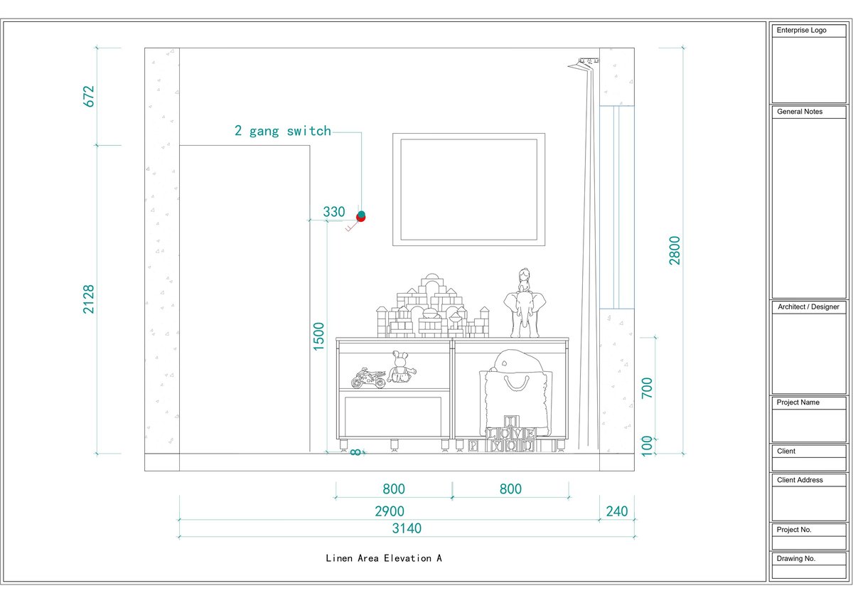 Architectural floor plan elevation showing kitchen layout with appliances, dimensions, and measurements marked in millimeters