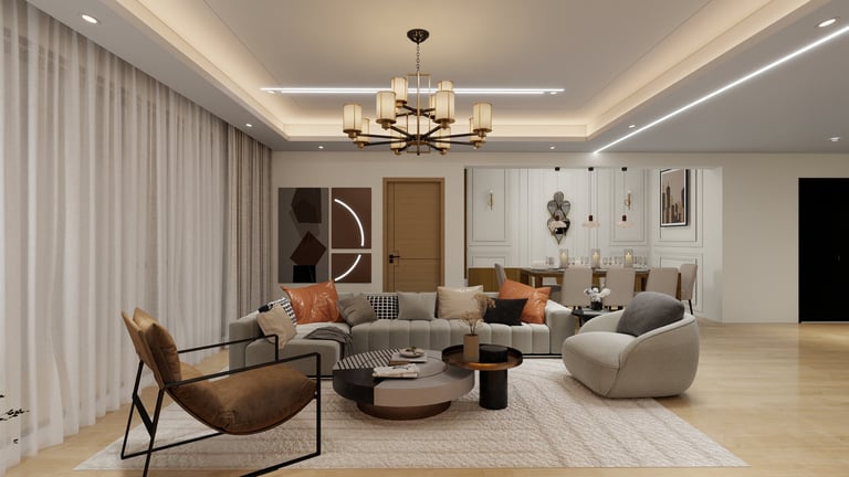 Modern living room with cream sofa, beige accent chair, round coffee table, and contemporary chandelier under coffered ceiling