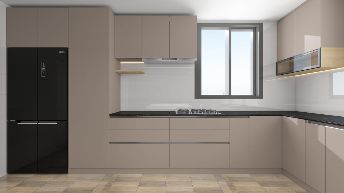 Modern kitchen with beige cabinets, black countertop, gas cooktop, black refrigerator, and stainless steel microwave.