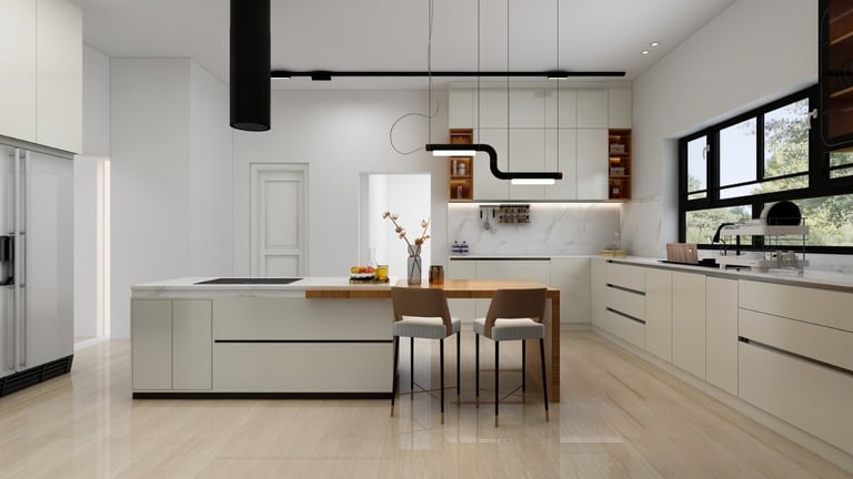 Modern minimalist kitchen with cream cabinetry, wooden dining table, black pendant lights, and white countertops