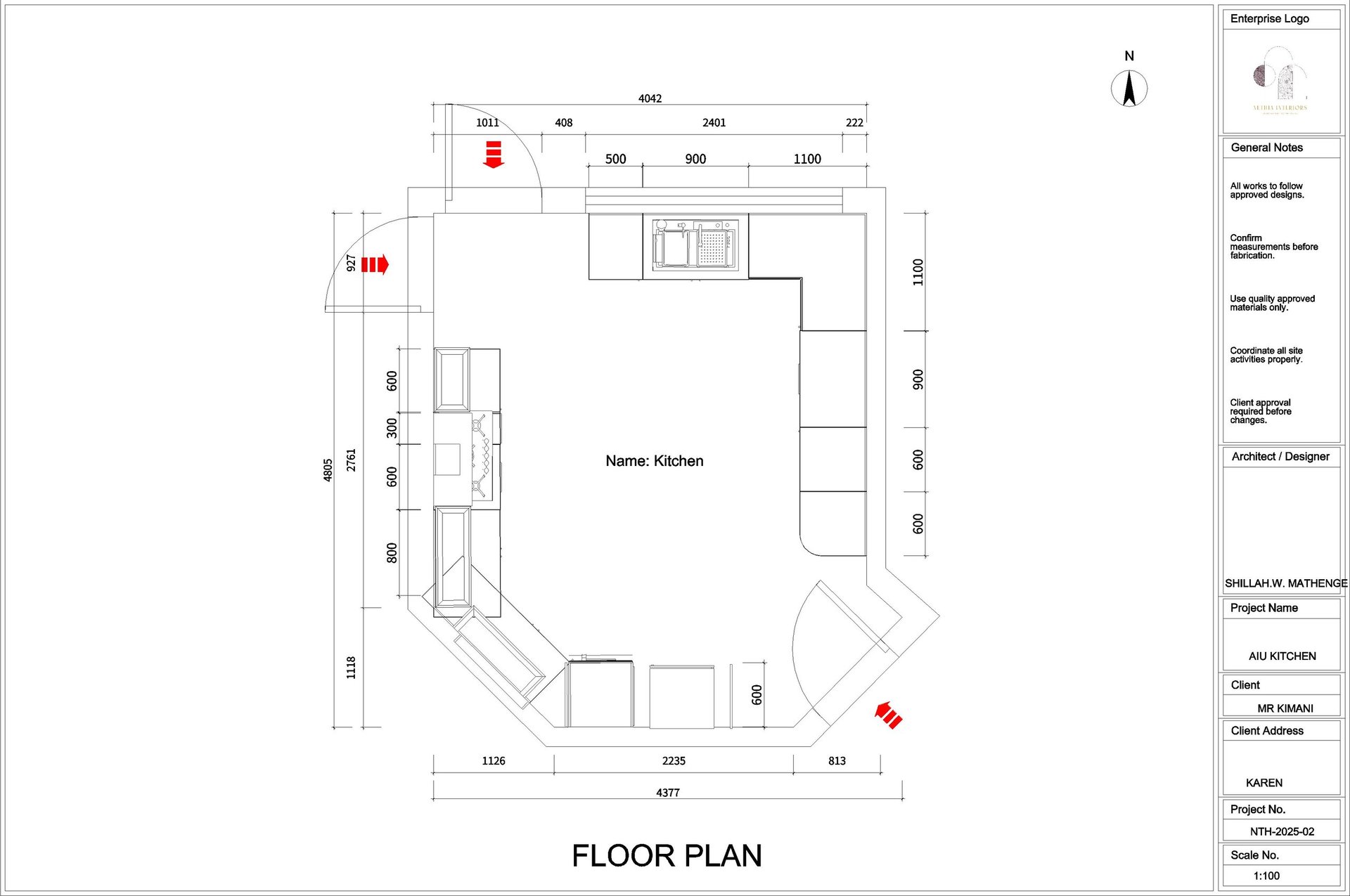 Architectural floor plan showing kitchen layout with appliance locations, dimensions, and highlighted areas marked in red