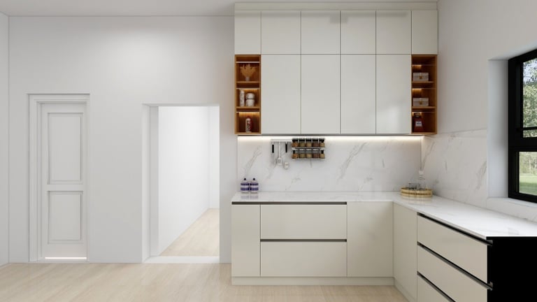 Modern kitchen with cream-colored cabinetry, white marble backsplash, stainless steel appliances, and wood accent shelving above