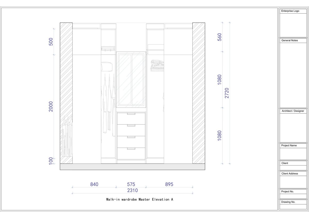Technical architectural floor plan showing a wardrobe closet design with shelving, drawers, and dimension measurements in millimeters