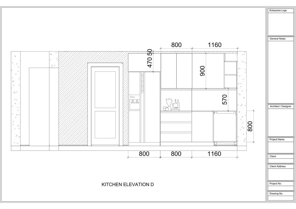 Kitchen elevation technical drawing showing cabinet layout, dimensions, and measurements in millimeters