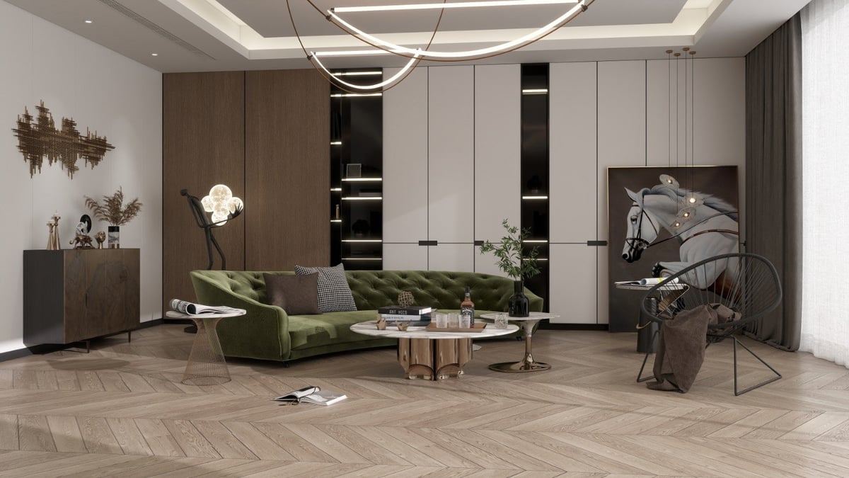 Modern living room with green sofa, wooden flooring, floor-to-ceiling wardrobe, and contemporary pendant lighting