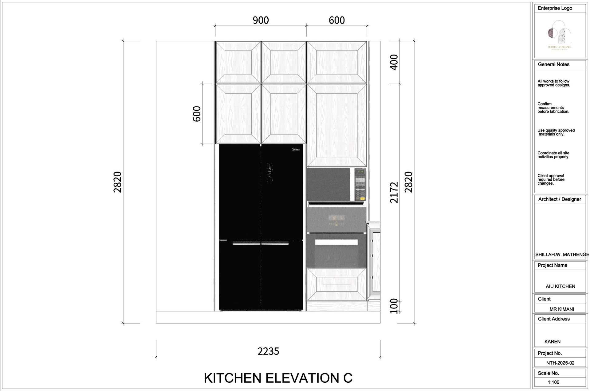 Kitchen elevation C architectural drawing showing cabinets, appliances, and dimensions with measurements in millimeters
