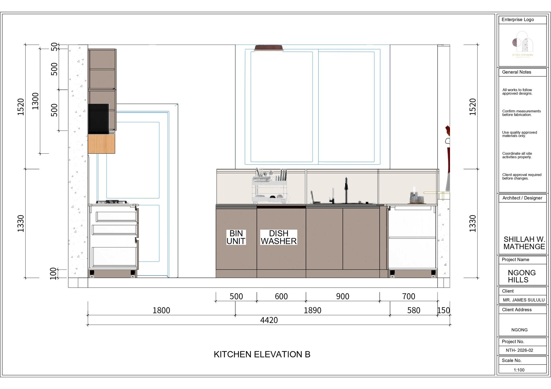 Kitchen elevation B architectural drawing showing front view layout with cabinets, appliances, and measurements in millimeters