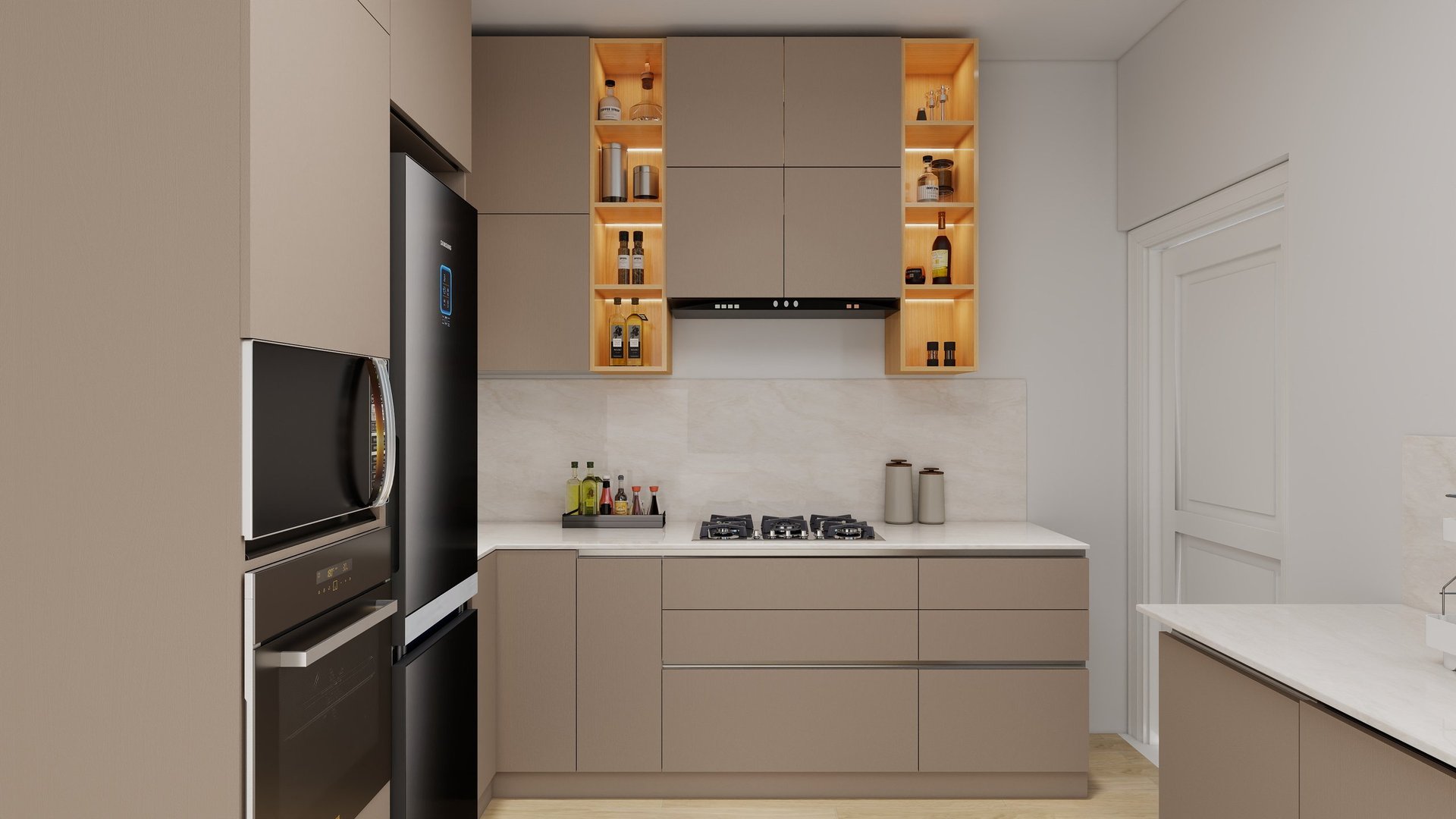 Modern kitchen with beige cabinetry, wall-mounted wooden shelves, built-in cooktop, and black appliances