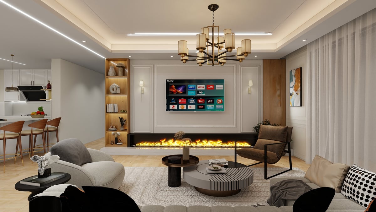 Modern living room with fireplace, wall-mounted TV, wooden shelving, contemporary furniture, and elegant ceiling lighting