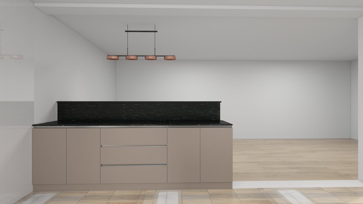Modern kitchen interior with beige cabinetry, black countertop, pendant lighting, and light wood flooring