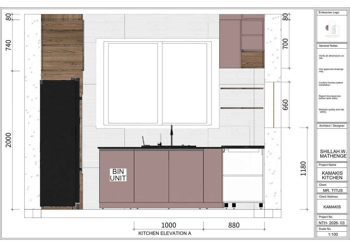 Kitchen floor plan and elevation drawing showing layout with cabinets, countertops, and measurements in millimeters