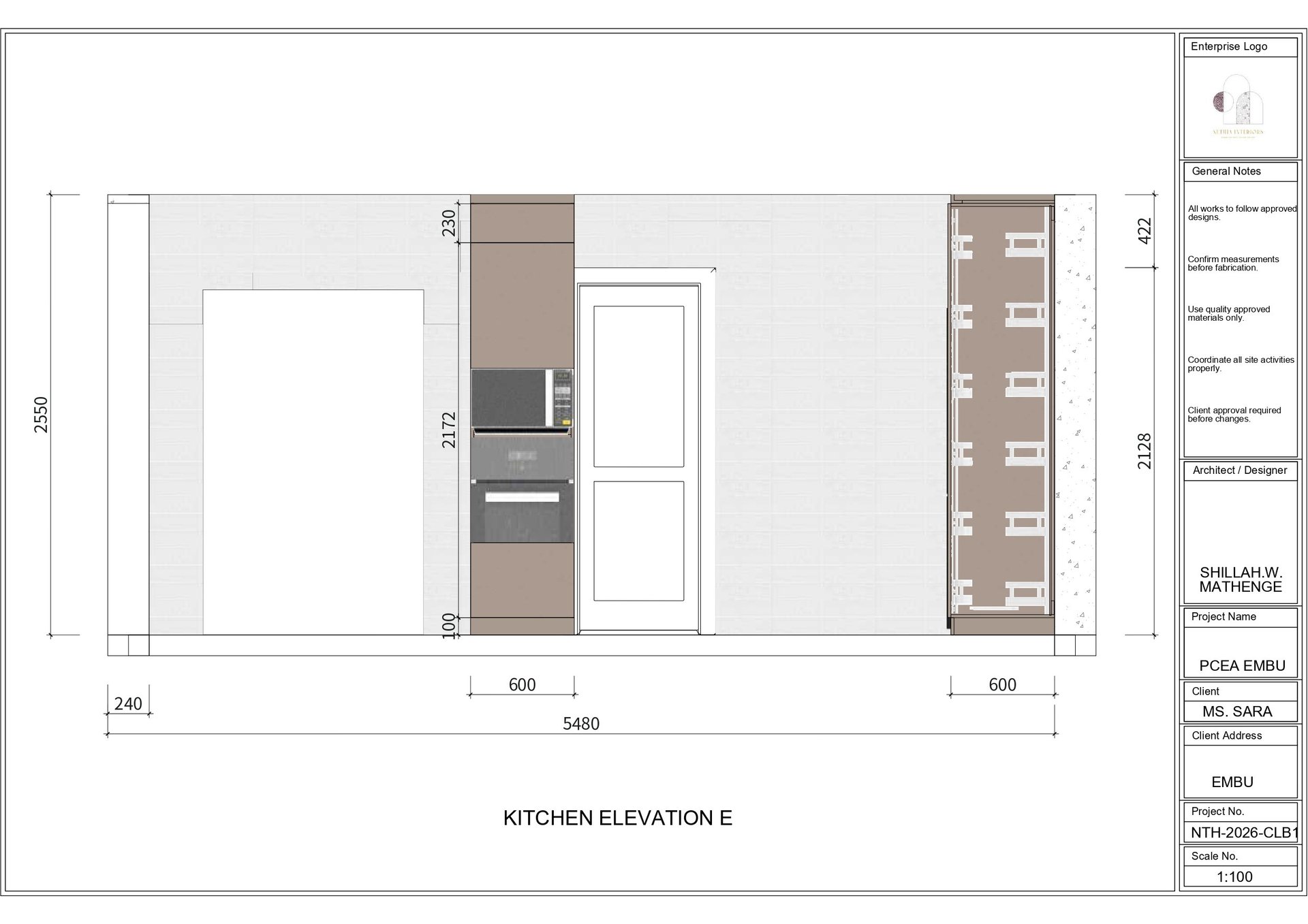 Kitchen elevation E architectural drawing showing cabinet layout, appliances, and dimensions with measurement annotations