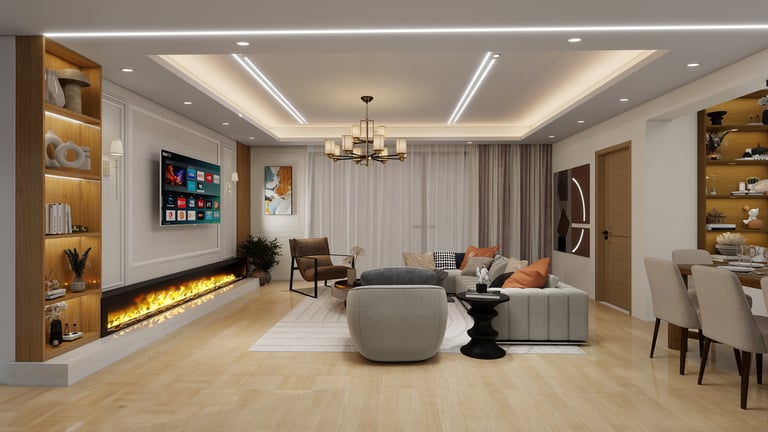 Modern luxury living room with wood flooring, built-in shelving, fireplace, gray sofa, pendant lighting, and contemporary furniture
