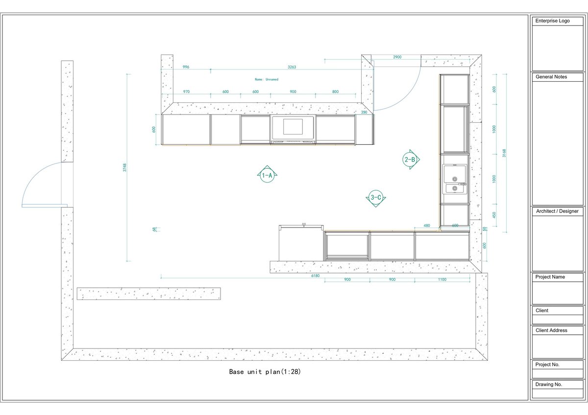 Architectural floor plan showing base level layout with kitchen, bathroom, and living spaces with dimensions and fixtures marked