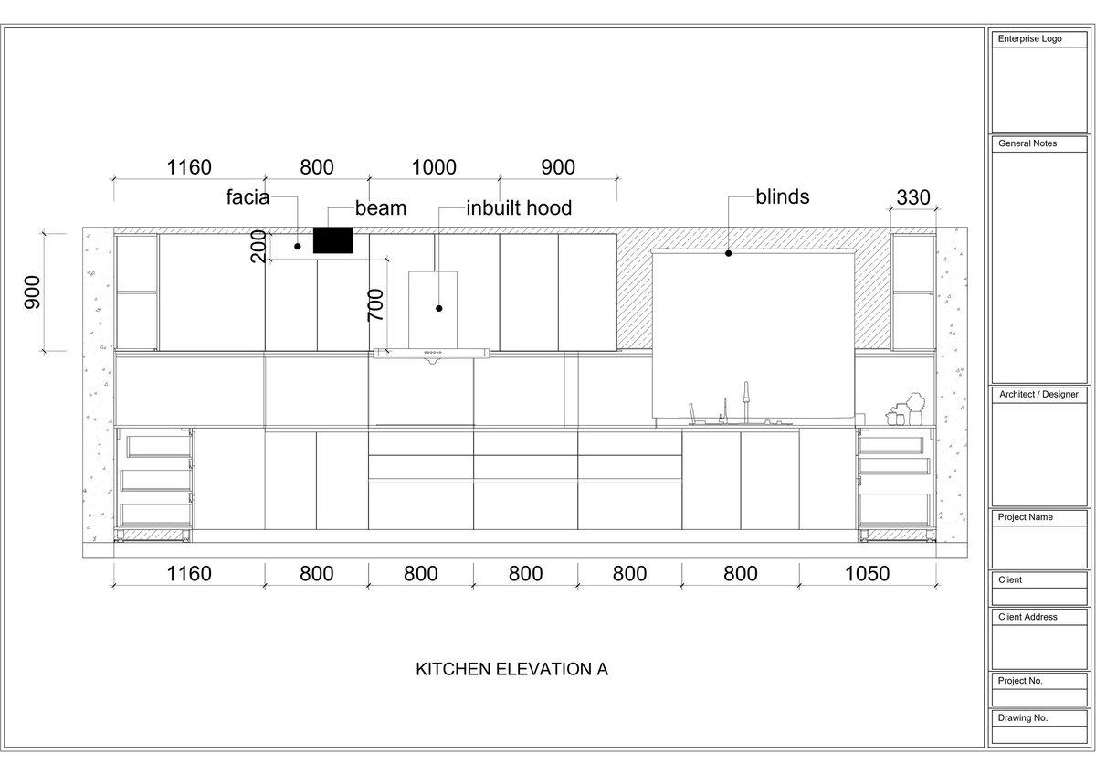 Architectural kitchen elevation drawing showing front wall layout with dimensions, including fascia, beam, inbuilt hood, and blinds measurements