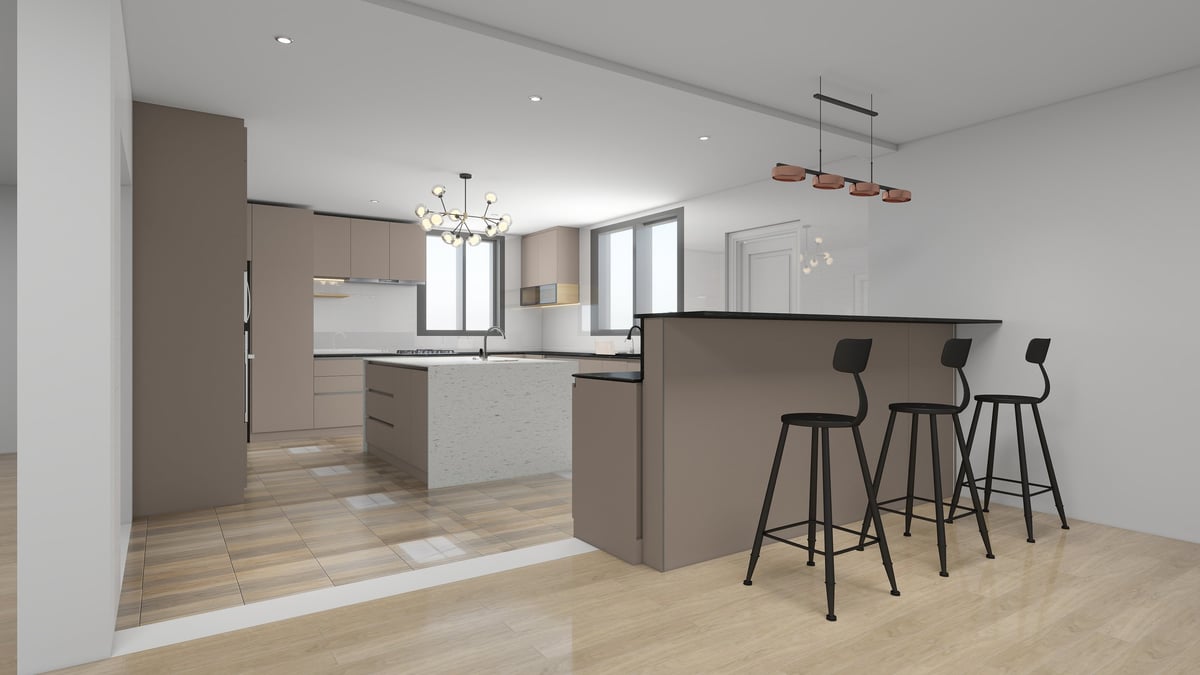Modern kitchen and dining area with white cabinetry, gray island, bar seating, and wood flooring