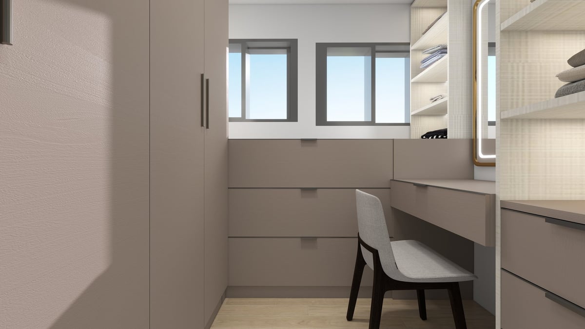 Modern bedroom with taupe built-in storage, a desk with chair, and windows providing natural light