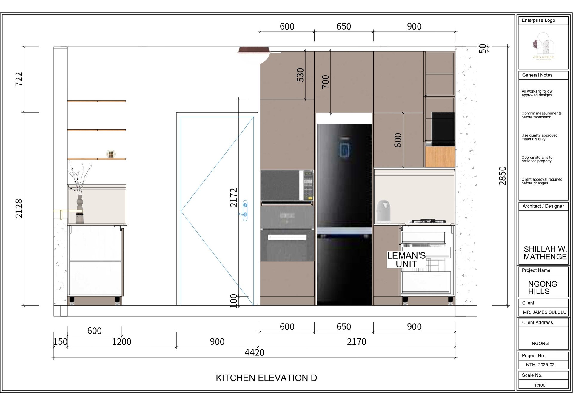 Kitchen elevation design drawing showing cabinetry layout, appliances, and dimensions with measurements and specifications