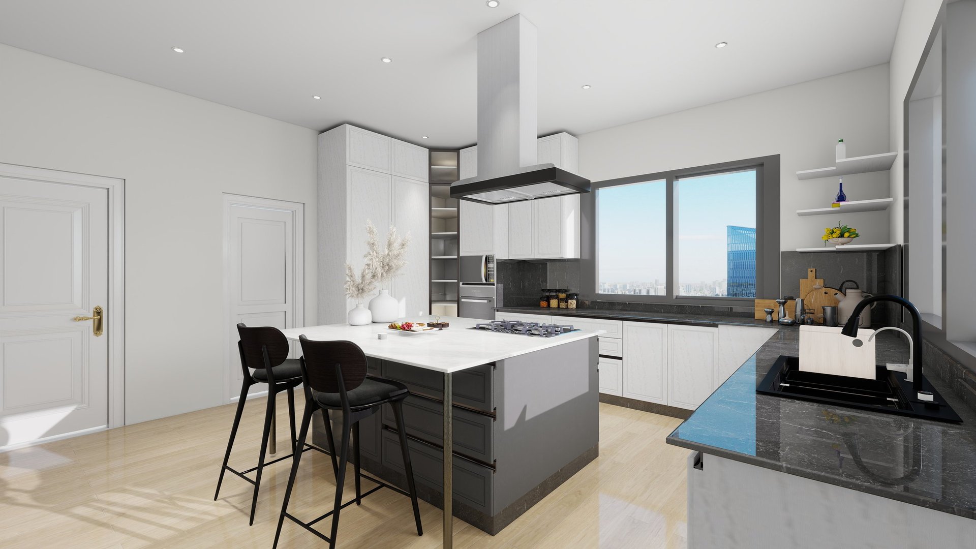 Modern kitchen interior with white cabinets, dark island, black bar stools, stainless steel range hood, and windows overlooking blue sky