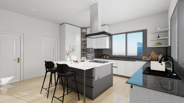 Bondo Kitchen - Modern kitchen with white cabinets, dark island, black bar stools, and windows overlooking blue sky