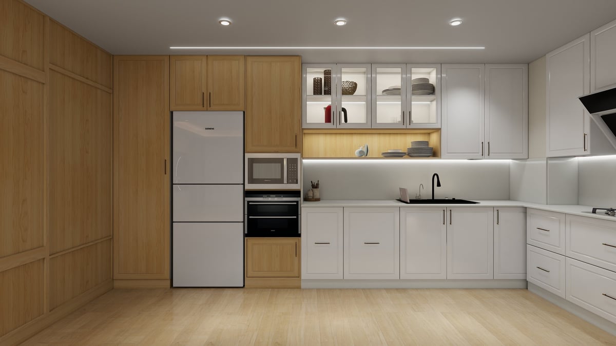 Modern kitchen interior with white and wood cabinetry, stainless steel appliances, and built-in shelving