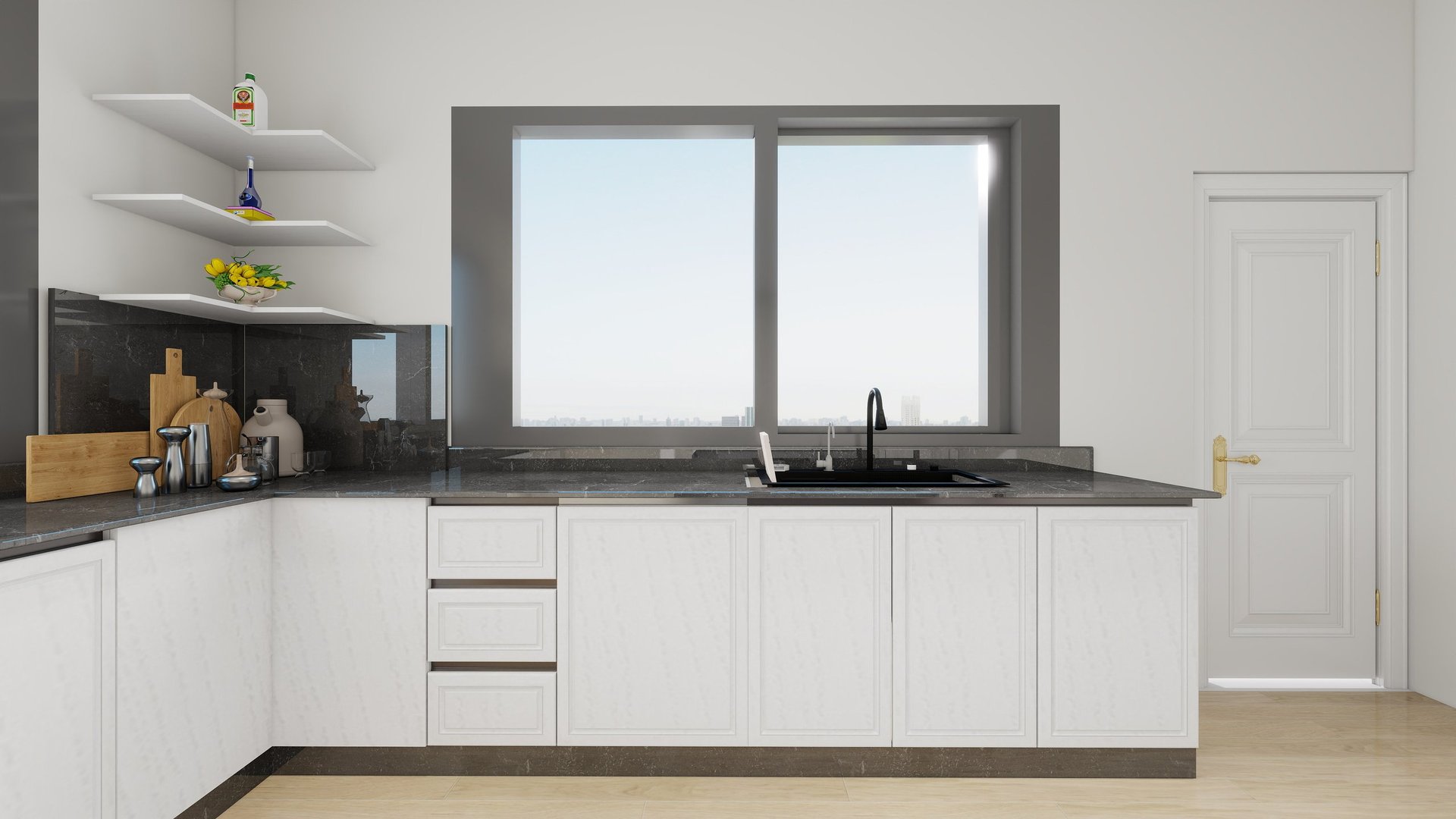Modern kitchen with white cabinets, black countertop, large window, and floating shelves with accessories