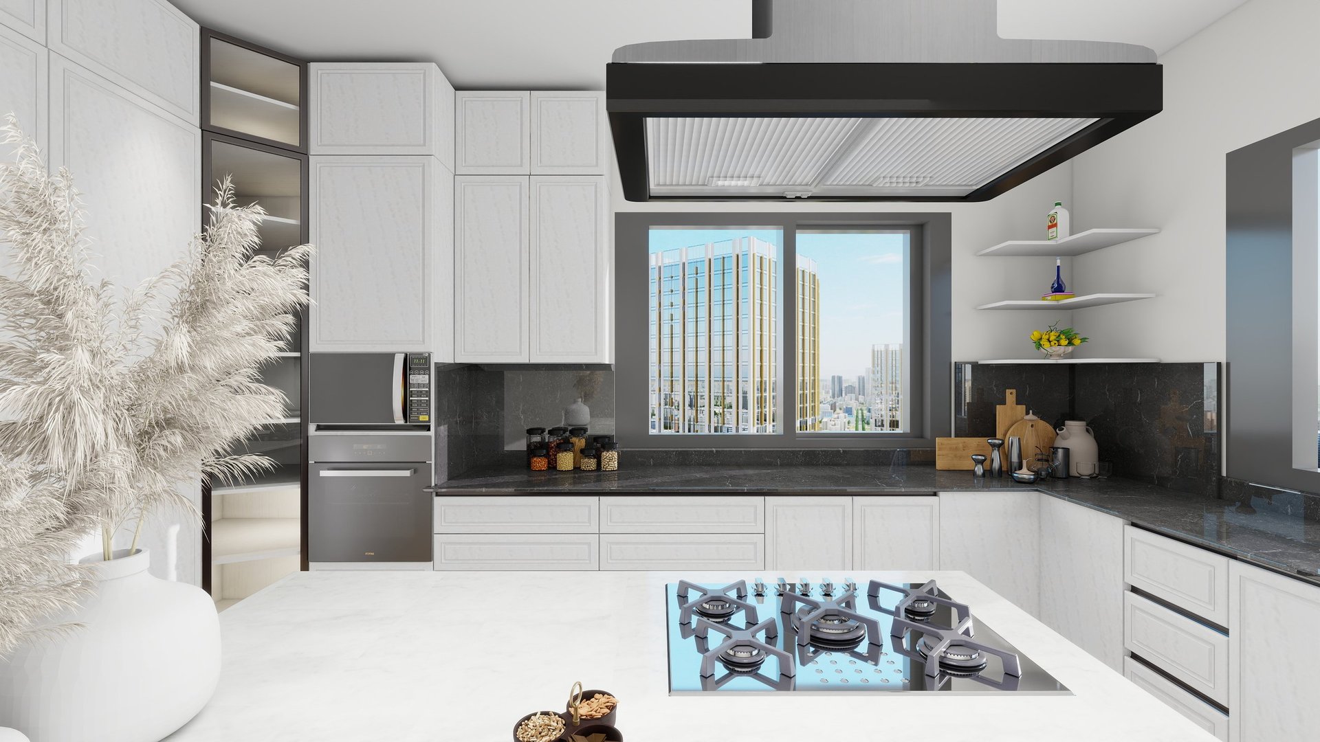 Modern kitchen with white cabinetry, dark countertops, island cooktop, stainless steel appliances, and city skyline view