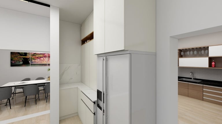 Modern kitchen interior with stainless steel refrigerator, white cabinetry, and open living space with dining area visible