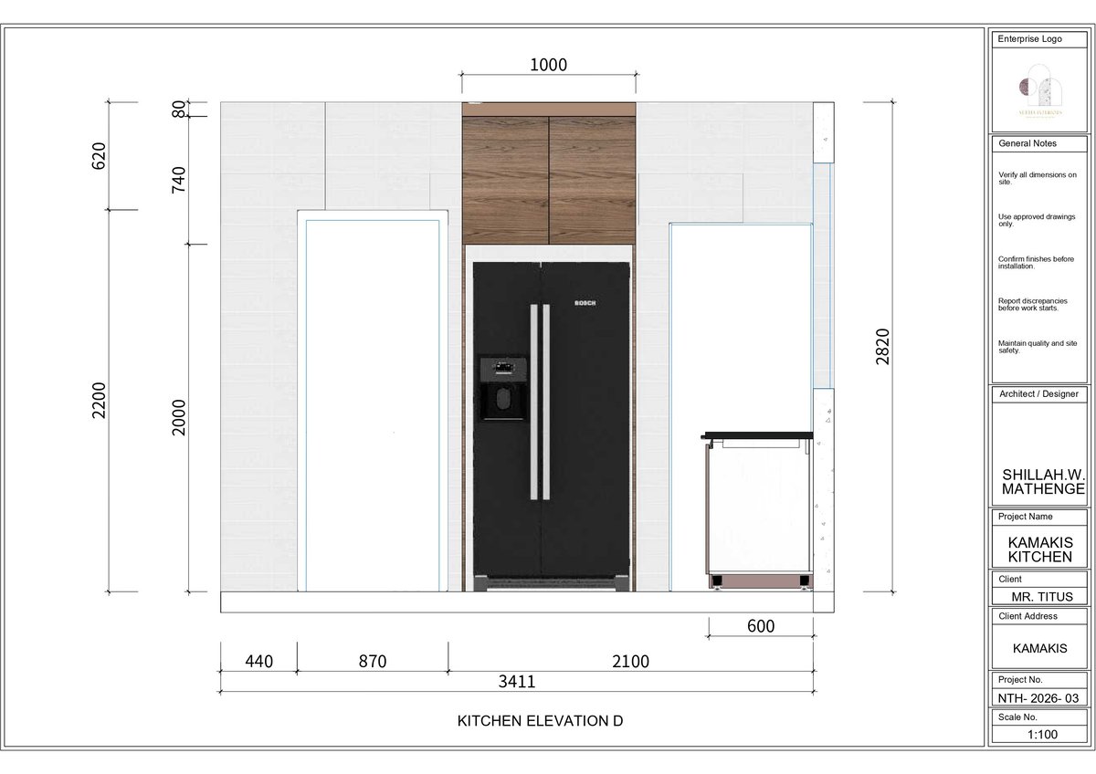 Kitchen elevation design showing wall layout with wooden upper cabinets, black refrigerator with handles, and measurements in millimeters