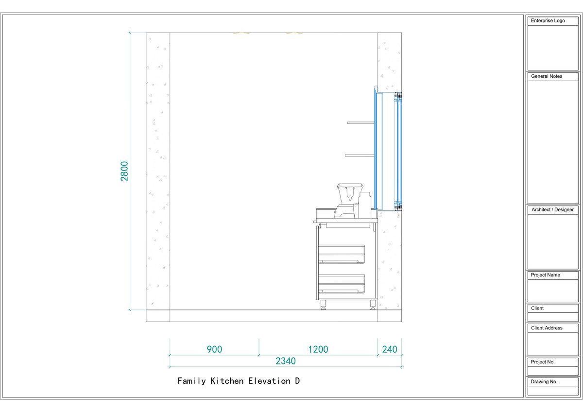 Family kitchen elevation diagram showing cabinet layout, appliances, and vertical measurements in centimeters