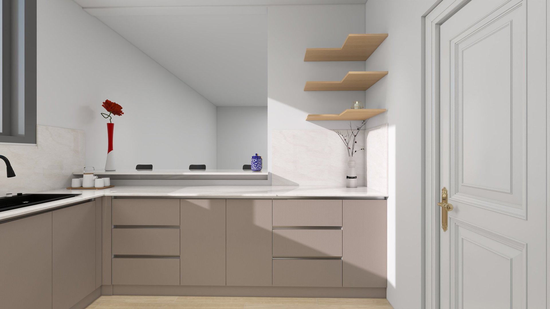 Modern kitchen interior with taupe cabinets, white countertop, wooden floating shelves, and a white door on the right side