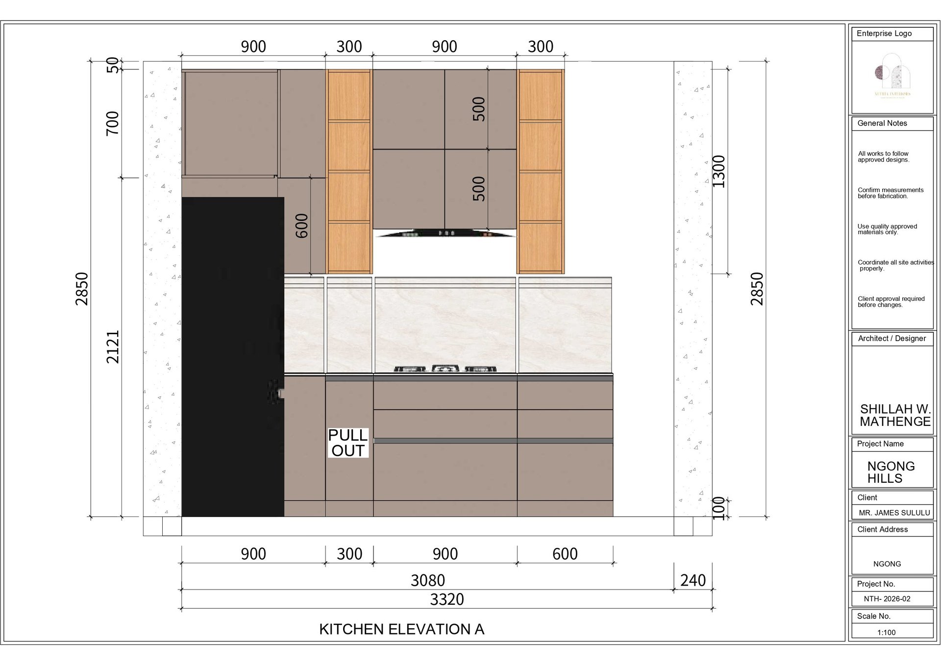 Architectural elevation drawing of a kitchen layout showing cabinet placement, appliances, and dimensions with color-coded materials.