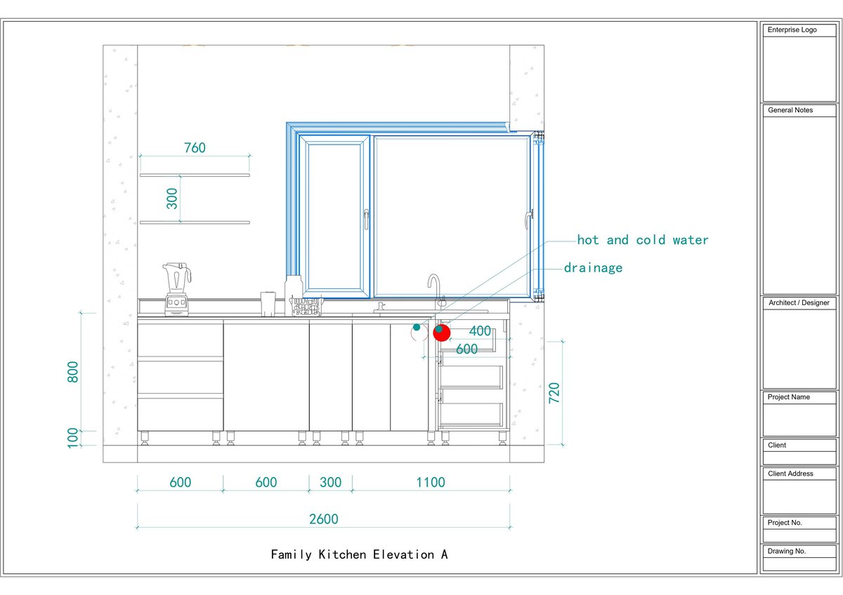 Family kitchen elevation technical drawing showing layout, appliances, measurements, and hot and cold water drainage system