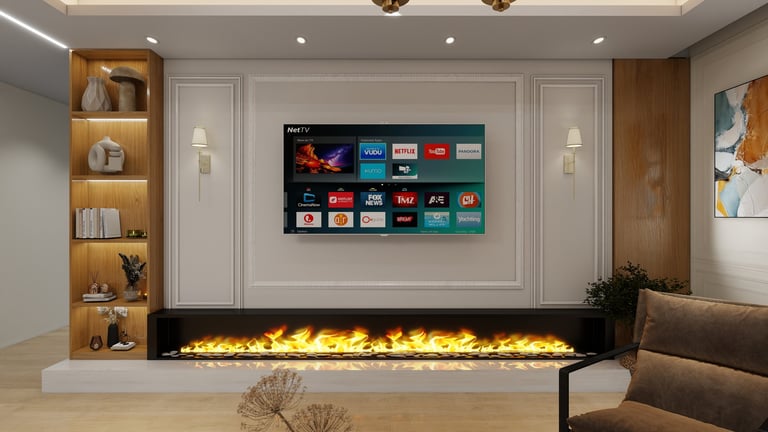 Modern living room with wall-mounted TV above a linear fireplace with golden flames, flanked by wooden shelving and minimalist decor