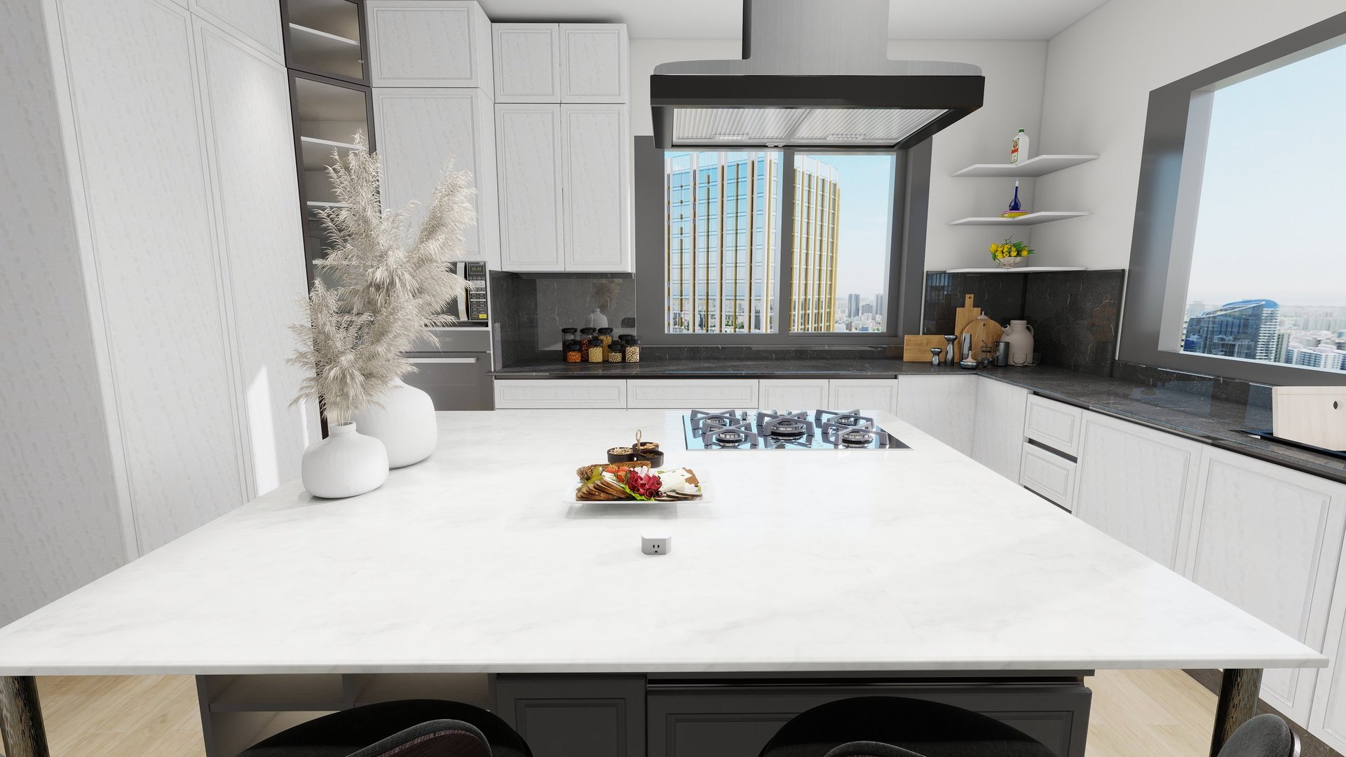 Modern kitchen with white and black cabinetry, white island countertop, and stainless steel appliances with city view through window