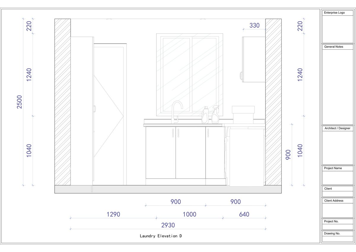 Laundry room floor plan elevation showing layout with measurements, appliances, and storage dimensions in millimeters